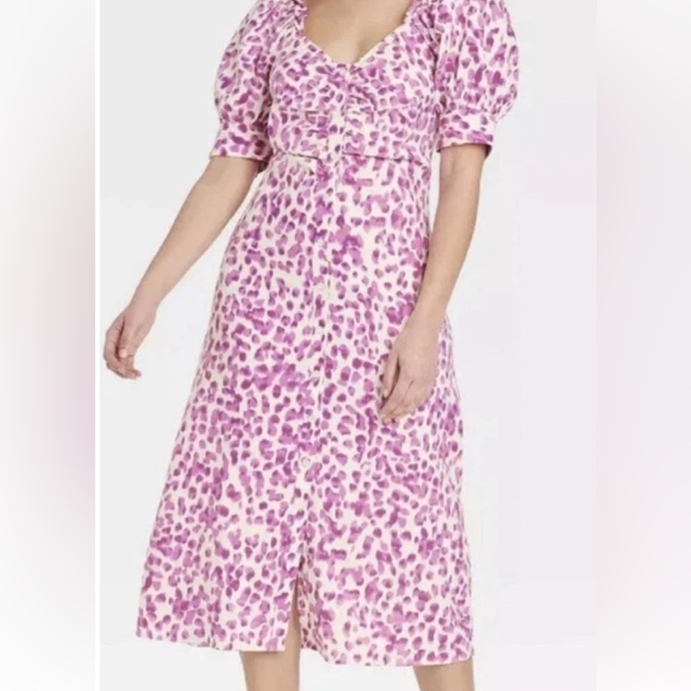 NWT leopard Linen Blend Puff Short Sleeve Dress Who What Wear Medium Midi purple - Picture 6 of 6